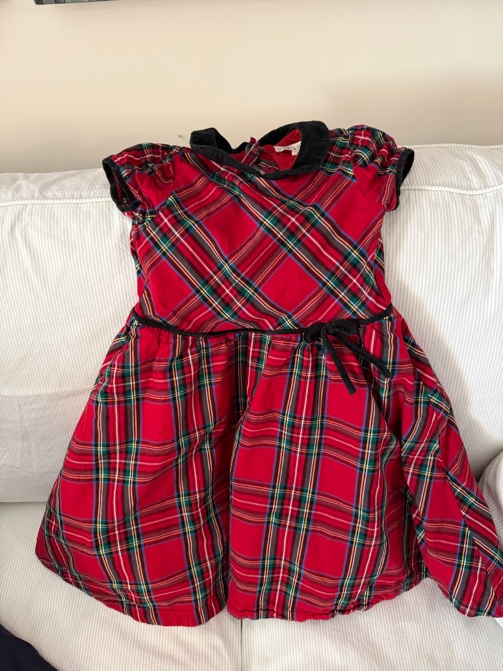 Girls' Red Plaid Holiday Dress with Black Trim and Bow
